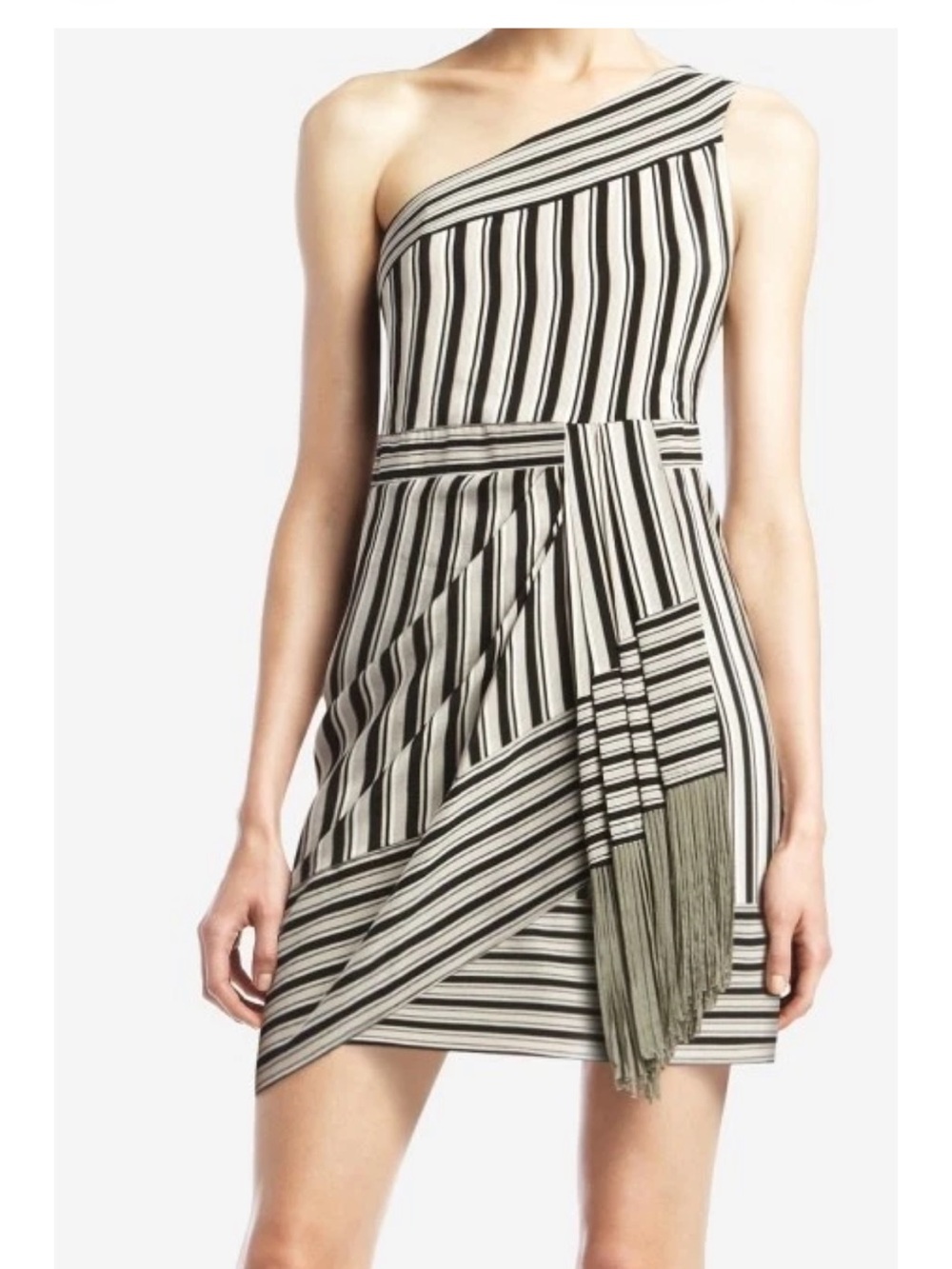 BCBGMaxAzria - Stevie striped one shoulder asymmetric wrap dress.